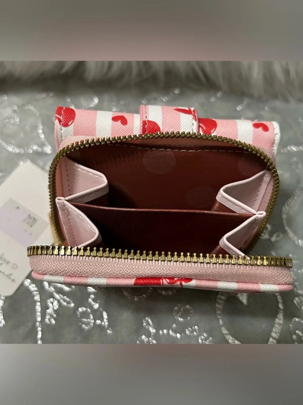 NWT Blush Kiss Size 4’x4’, Pink & White Stripe Cherry Wallet w/Gold Heart Accent